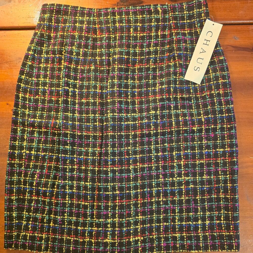 Skirt Tweed Black Yellow Green Red Blue Lined A-line Chaus size 12 1990s NWT Vtg - Picture 1 of 14